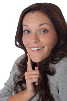 Beautiful surprised brown hair woman on white background