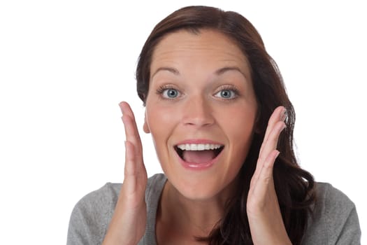 Surprised young happy woman on white background
