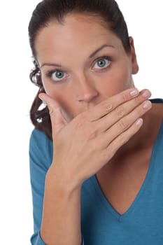 Brown hair woman expressing shock on white background