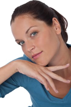Portrait of beautiful brown hair woman on white background