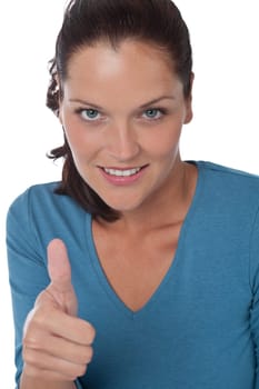 Young brown hair woman showing thumbs-up on white background