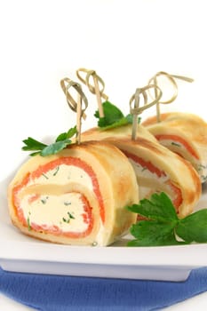 filled pancake with smoked salmon and herb cream cheese