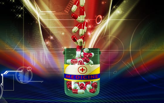 Digital illustration of capsule bottle in colour background