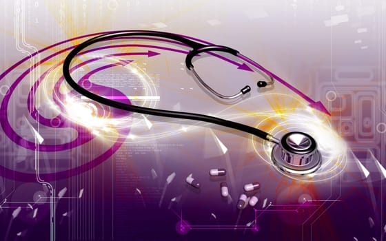 Digital illustration of stethoscope and capsule in colour background