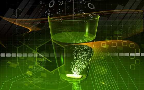 Digital illustration of glass of water in tablet in colour background