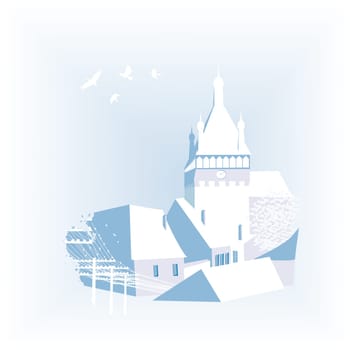 Background with a castle and village in pastel colors