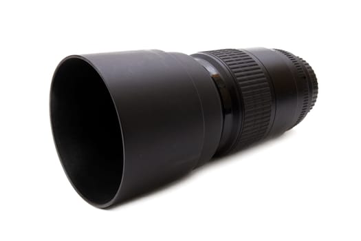 Camera lense, lense hood and lense cap on white background