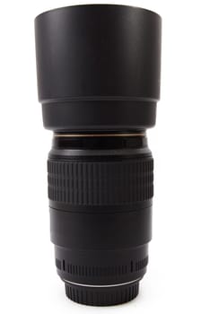 Camera lense, lense hood and lense cap on white background