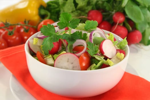 mixed salad with lettuce hearts,tomato and radishes
