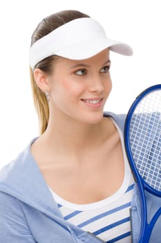 Tennis player - young woman holding racket in fitness outfit