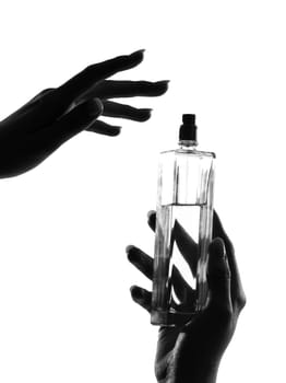 detail close-up silhouette woman hands with perfume