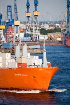 Freighter on the Elbe River in Hamburg Harbor, Germany