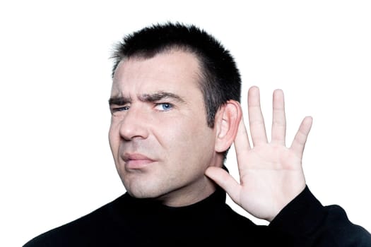 man gesturing with hearing aid speak up
