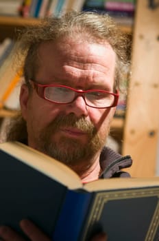 Elderly man with beard,glasses and book reading on sofa at home
