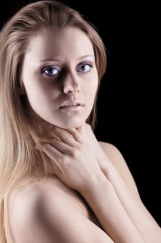 Young beauty naked sadness blond girl look at you