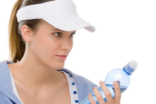 Sport - young woman in summer fitness outfit with water bottle