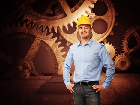 fine 3d image of grunge metal gear and smiling engineer