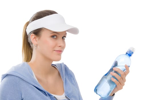 Sport - young woman in summer fitness outfit with water bottle