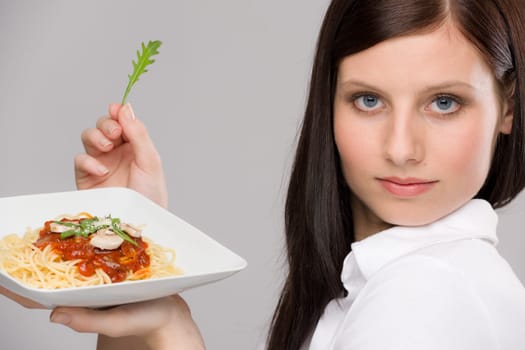 Italian food - portrait of healthy woman spaghetti with sauce