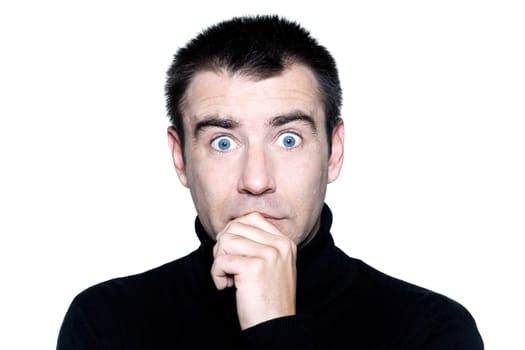 caucasian man portrait anxious surprise shock portrait on studio isolated white background