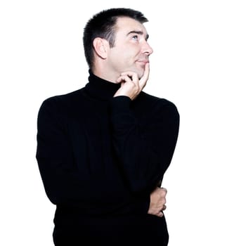 caucasian man portrait hinking pensive attitude portrait on studio isolated white background