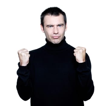 caucasian man smiling portrait happy strong success gesturing satisfaction portrait on studio isolated white background