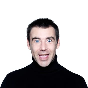 handsome caucasian man happy joyful smiling short brown with polo turtle neck hair blue eyes portrait expressing portrait on studio isolated white background