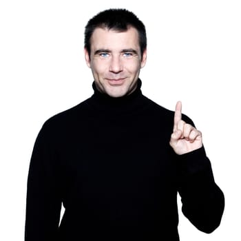 caucasian man smiling portrait smiling pointing finger upportrait on studio isolated white background
