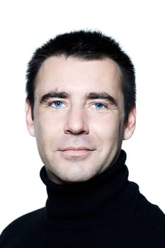 handsome caucasian man smiling short brown with polo turtle neck hair blue eyes portrait expressing portrait on studio isolated white background