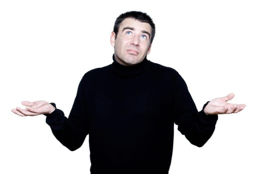 caucasian man portrait shrugging hesitant pucker pouting portrait on studio isolated white background