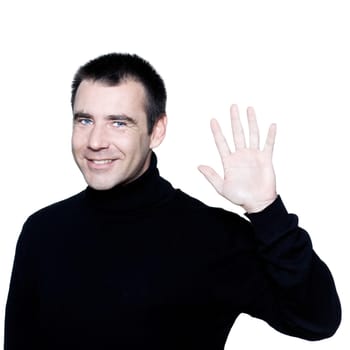 caucasian man smiling saluting greting high-five short brown with polo turtle neck hair blue eyes portrait expressing portrait on studio isolated white background