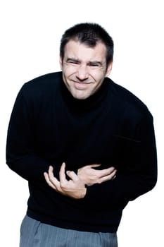 caucasian man portrait stomachache cramp illlness portrait on studio isolated white background
