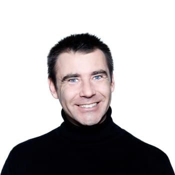 handsome caucasian man toothy smiling short brown with polo turtle neck hair blue eyes portrait expressing portrait on studio isolated white background
