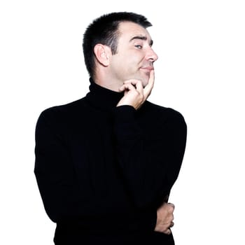 caucasian man portrait hinking pensive attitude portrait on studio isolated white background