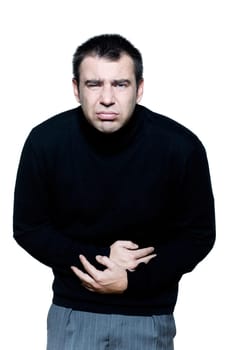 caucasian man portrait stomachache cramp illlness portrait on studio isolated white background