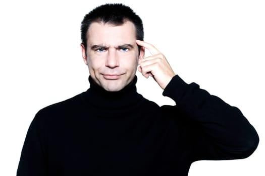 caucasian man portrait expressing sullen stupidity portrait on studio isolated white background