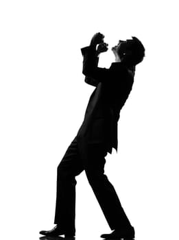 silhouette caucasian business man  expressing anger adversity despair looking up behavior full length on studio isolated white background