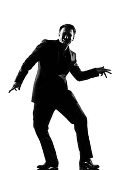 silhouette caucasian business man  expressing happy dancing Showing Off behavior full length on studio isolated white background