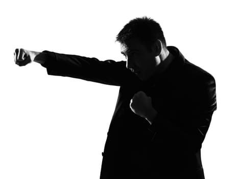 silhouette caucasian business man boxing gesture  expressing behavior full length on studio isolated white background
