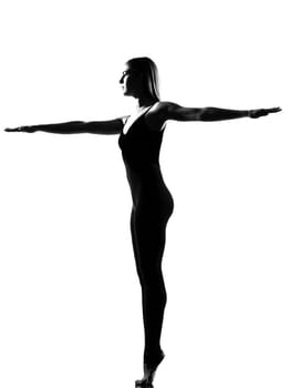 beautiful caucasian tall woman ballet dancer standing pose  full length on studio isolated white background