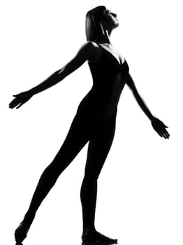 beautiful caucasian tall woman ballet dancer standing pose  full length on studio isolated white background
