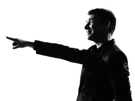 silhouette caucasian business man  expressing pointing mocking sneering behavior full length on studio isolated white background