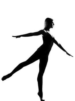 beautiful caucasian tall woman ballet dancer full length on studio isolated white background