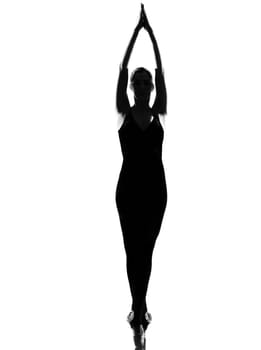 beautiful caucasian tall woman ballet dancer standing tiptoe pose  full length on studio isolated white background