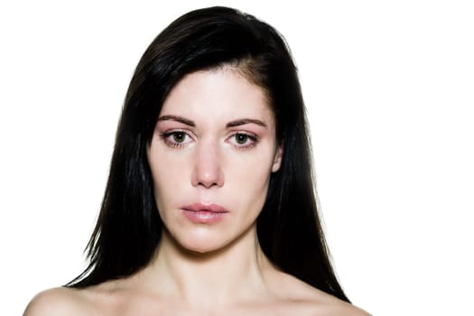 beautiful caucasian woman crying despair topless portrait on studio isolated white background