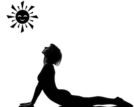 woman sun salutation yoga surya namaskar posture position in silouhette on studio white background full length