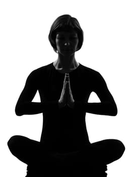 woman sukhasana pose meditation yoga posture position in silouhette on studio white background