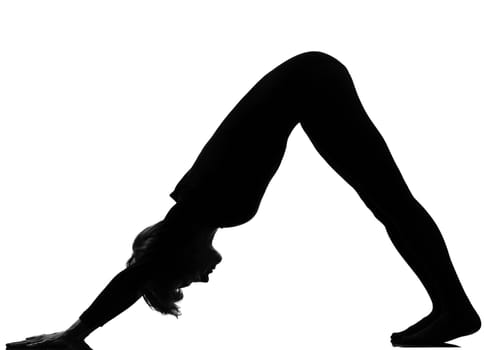 woman sun salutation yoga surya namaskar posture position in silouhette on studio white background full length