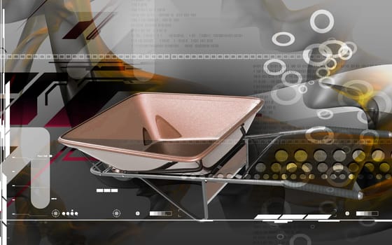 Digital illustration of metal tray wheel barrow in colour background