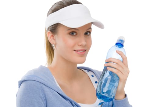 Sport - young woman in summer fitness outfit with water bottle